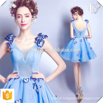 New Lady Dresses Light Blue Short Frock Dresses com Handmade Butterfly OEM Factory Fashion Short Mini Dresses para senhoras
